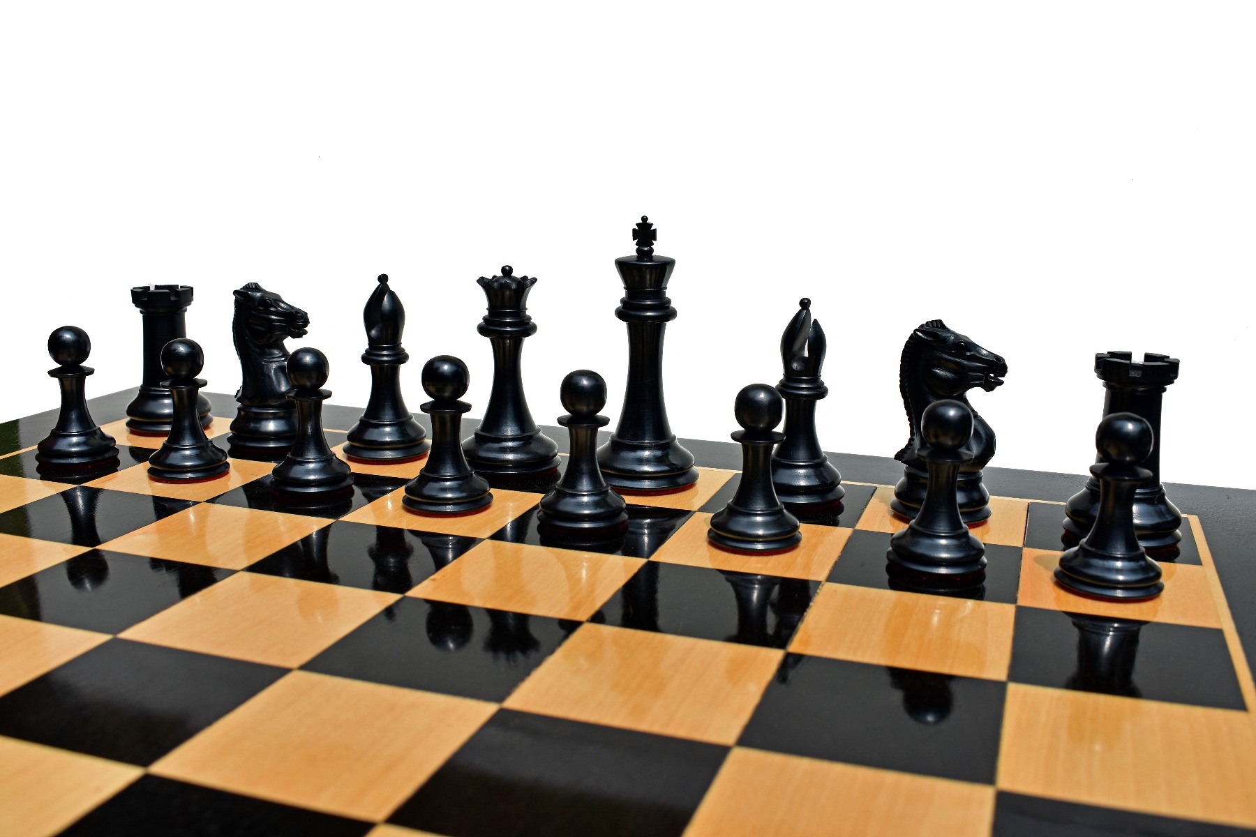 Jaques Morphy Style 1849 Cook Type Knight Chess Pieces <br> Antiqued Boxwood & Ebony <br> 4" KIng-2120 Jaques Morphy Style 1849 Cook Type Knight Chess Pieces Antiqued Boxwood & Ebony 4" KIng-2120