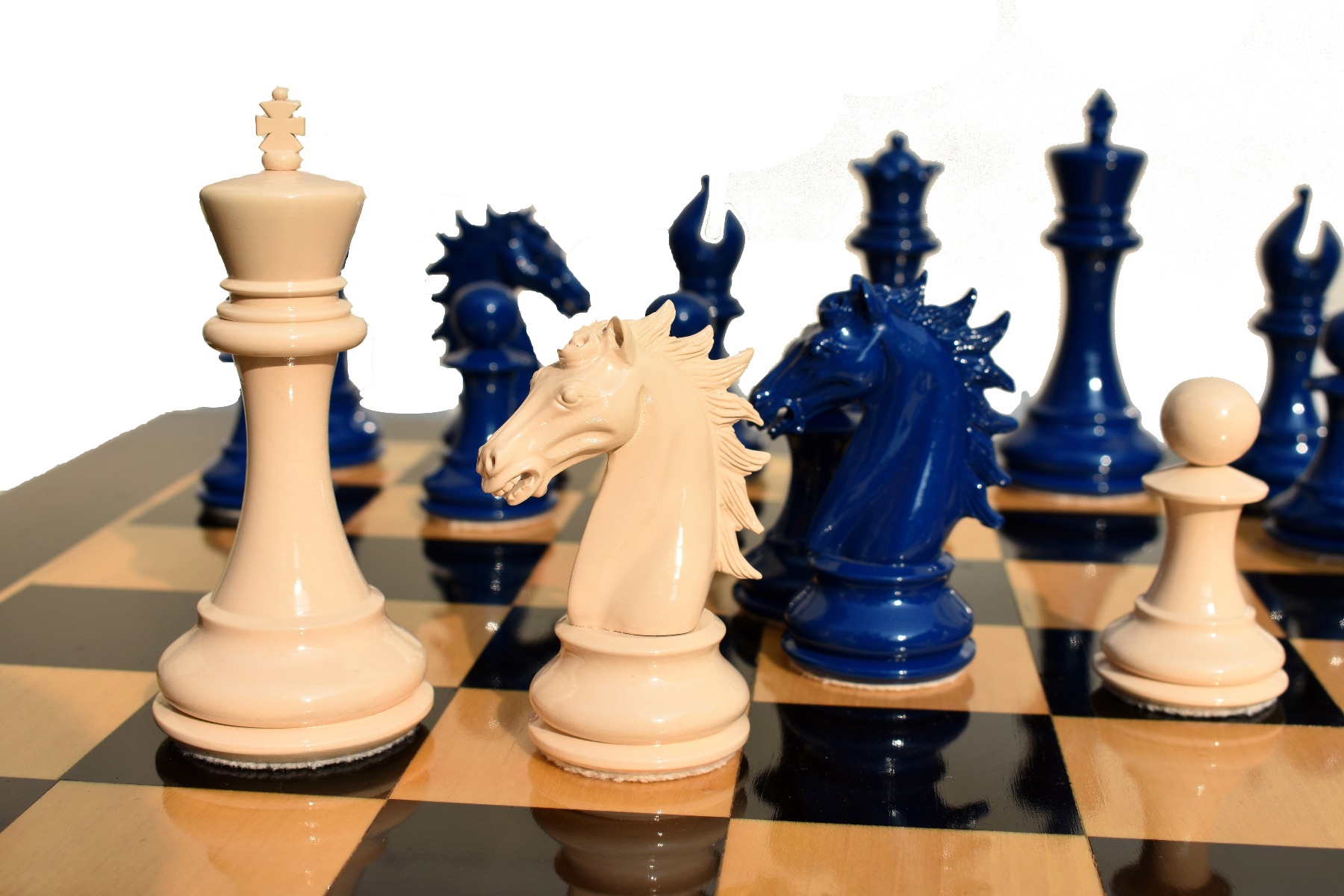 The Emperor Series Chess Pieces <br> Pearl White & Royal Blue  Lacquered<br> 4.4" King-2592 The Emperor Series Chess Pieces Pearl White & Royal Blue Lacquered 4.4" King-2592