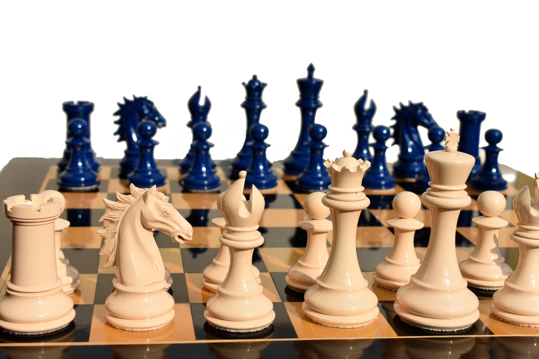 The Emperor Series Chess Pieces <br> Pearl White & Royal Blue  Lacquered<br> 4.4" King-2591 The Emperor Series Chess Pieces Pearl White & Royal Blue Lacquered 4.4" King-2591