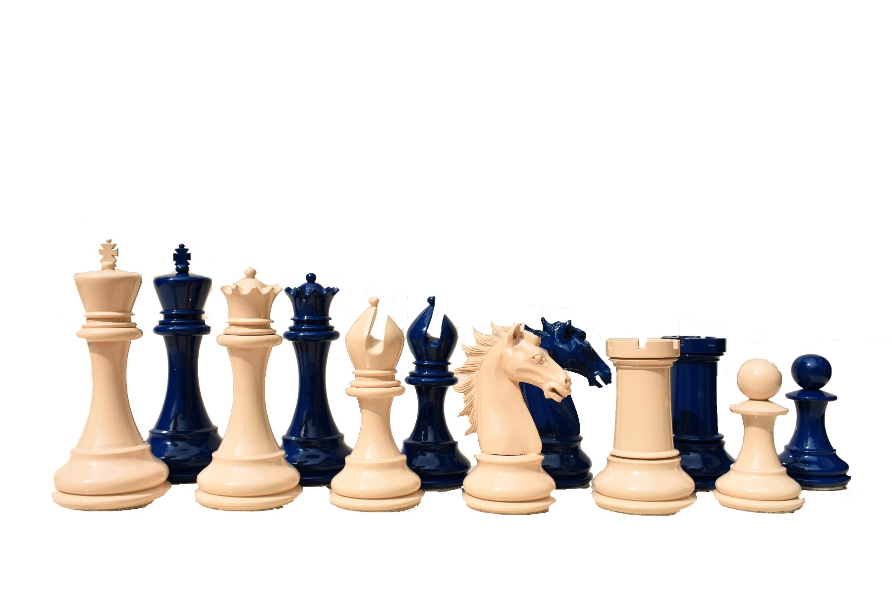 The Emperor Series Chess Pieces <br> Pearl White & Royal Blue  Lacquered<br> 4.4" King-2580 The Emperor Series Chess Pieces Pearl White & Royal Blue Lacquered 4.4" King-2580