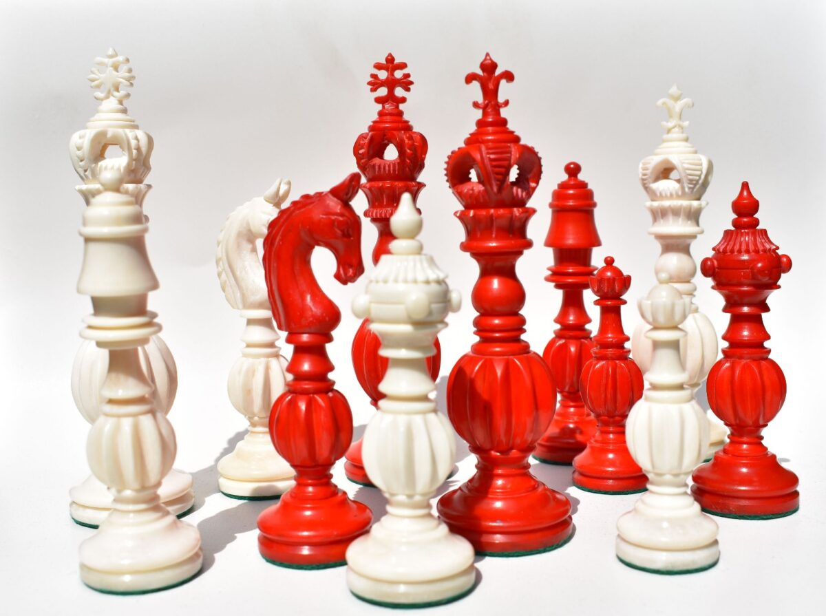 The Royal Series Bone Chess Pieces Natural Bone & Red Stained Bone 5.25" King-0