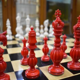 The Royal Series Bone Chess Pieces Natural Bone & Red Stained Bone 5.25" King-3104