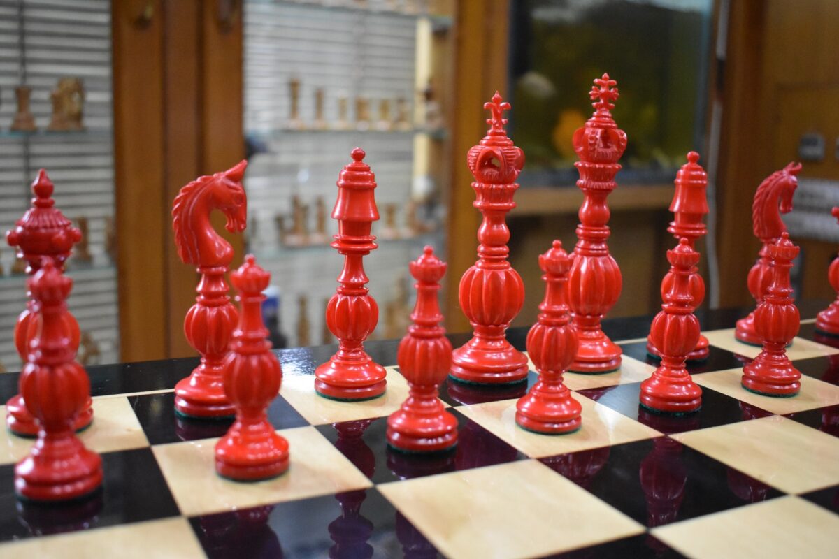 The Royal Series Bone Chess Pieces Natural Bone & Red Stained Bone 5.25" King-3102