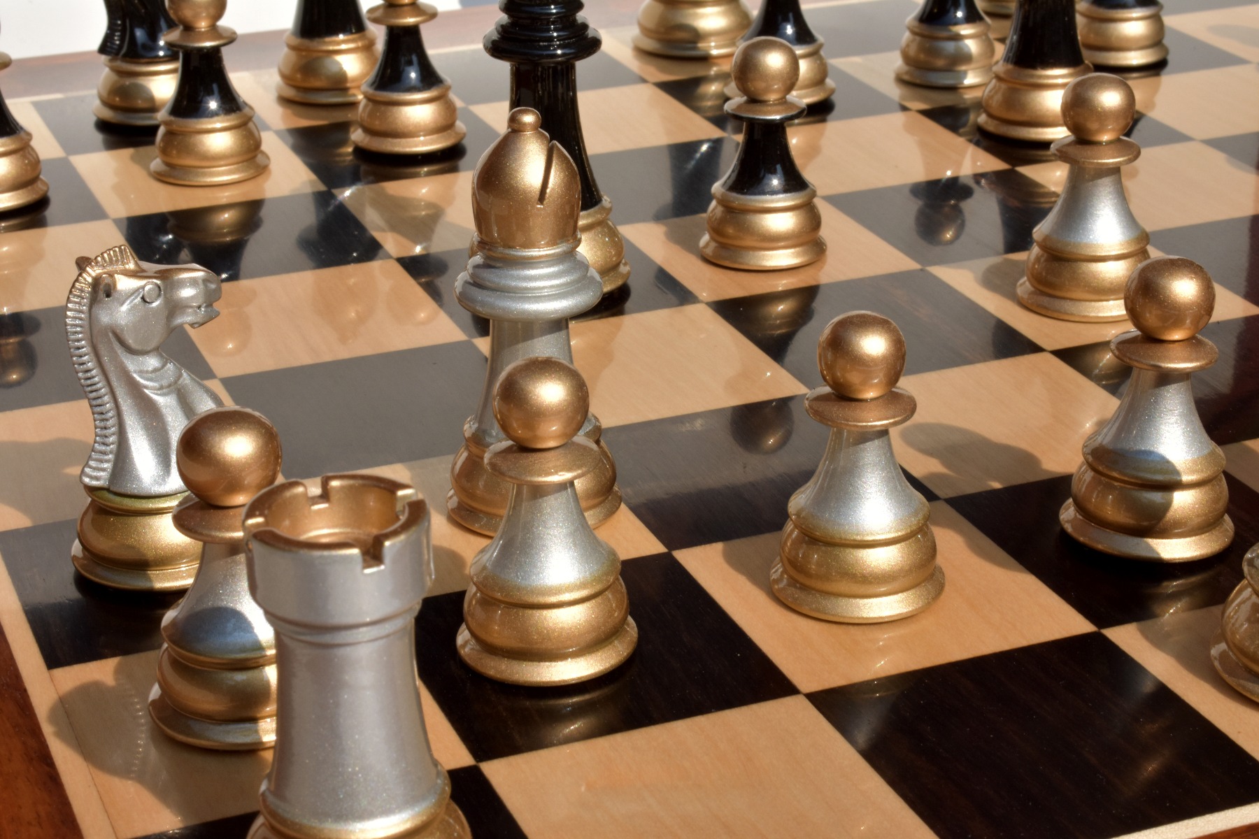 Windsor Castle Series Chess Pieces <br> Black Gold Lacquered & Silver Gold <br> 4" King-2320 Windsor Castle Series Chess Pieces Black Gold Lacquered & Silver Gold 4" King-2320