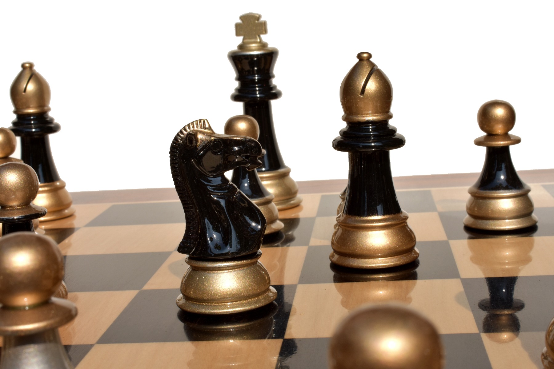 Windsor Castle Series Chess Pieces <br> Black Gold Lacquered & Silver Gold <br> 4" King-2321 Windsor Castle Series Chess Pieces Black Gold Lacquered & Silver Gold 4" King-2321