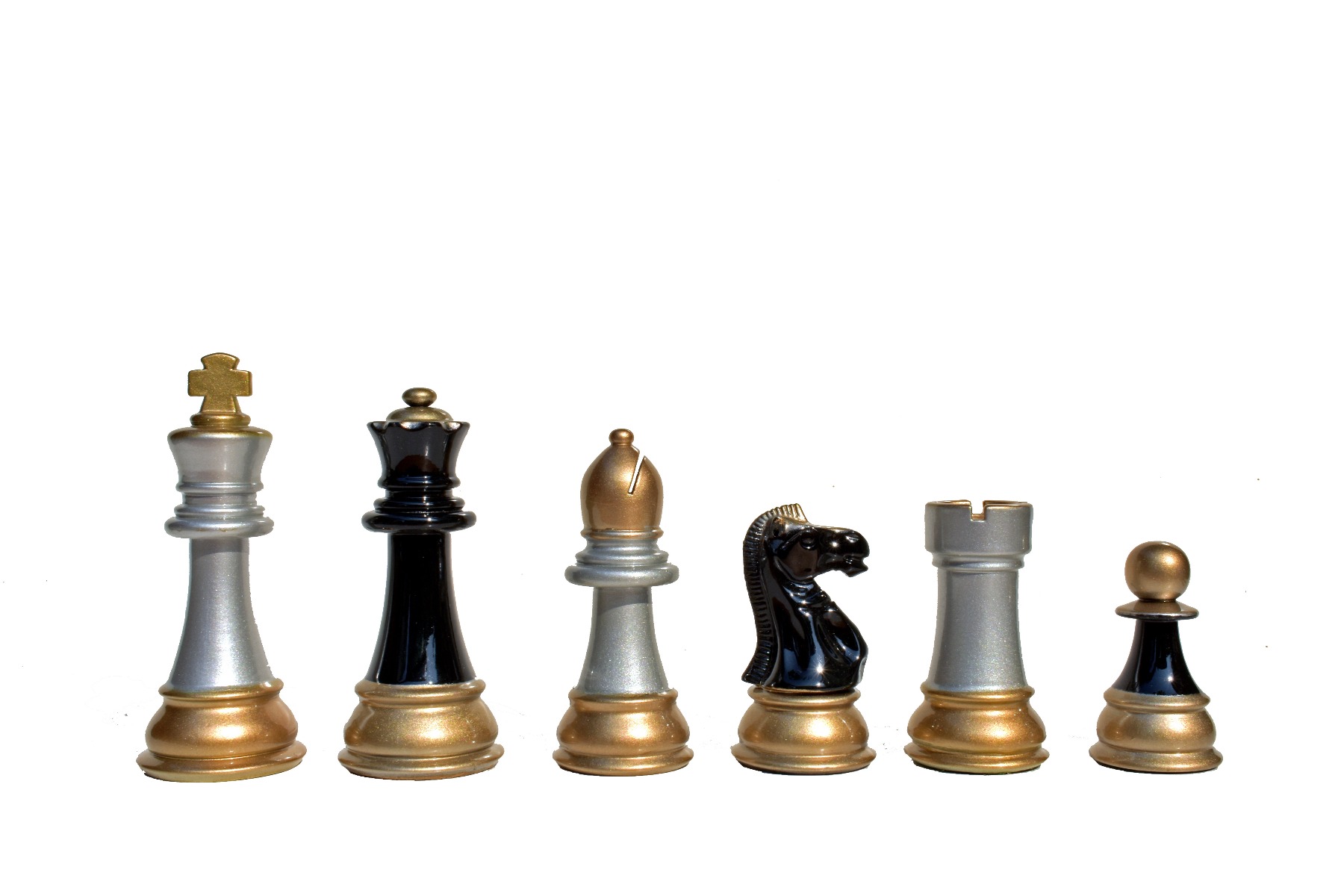 Windsor Castle Series Chess Pieces <br> Black Gold Lacquered & Silver Gold <br> 4" King-2311 Windsor Castle Series Chess Pieces Black Gold Lacquered & Silver Gold 4" King-2311