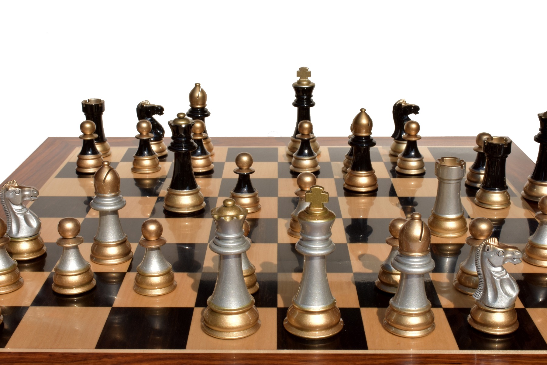Windsor Castle Series Chess Pieces <br> Black Gold Lacquered & Silver Gold <br> 4" King-2318 Windsor Castle Series Chess Pieces Black Gold Lacquered & Silver Gold 4" King-2318