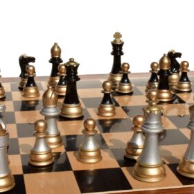 Windsor Castle Series Chess Pieces Black Gold Lacquered & Silver Gold 4" King-2319