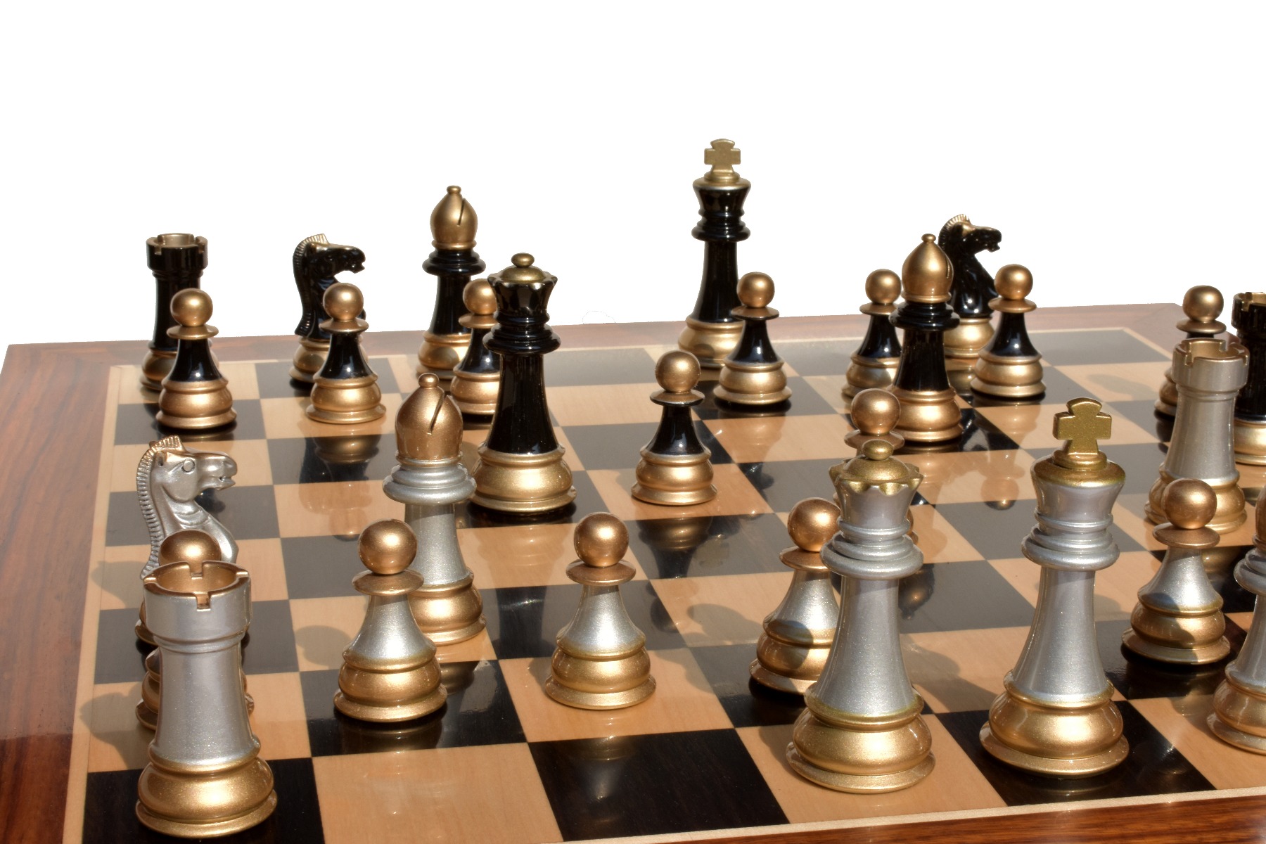 Windsor Castle Series Chess Pieces <br> Black Gold Lacquered & Silver Gold <br> 4" King-2319 Windsor Castle Series Chess Pieces Black Gold Lacquered & Silver Gold 4" King-2319