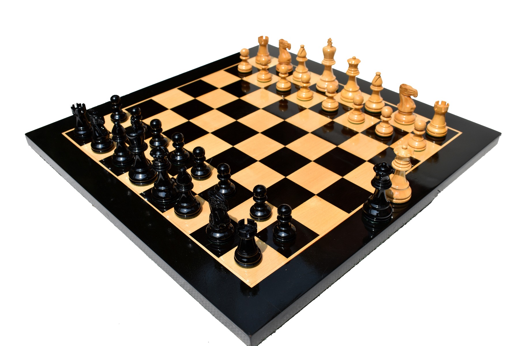 AIW-350 Series Chess Set Boxwood Lacquered & Black Lacquered 3.75" King with 2" Square Tournament Chess Board-0