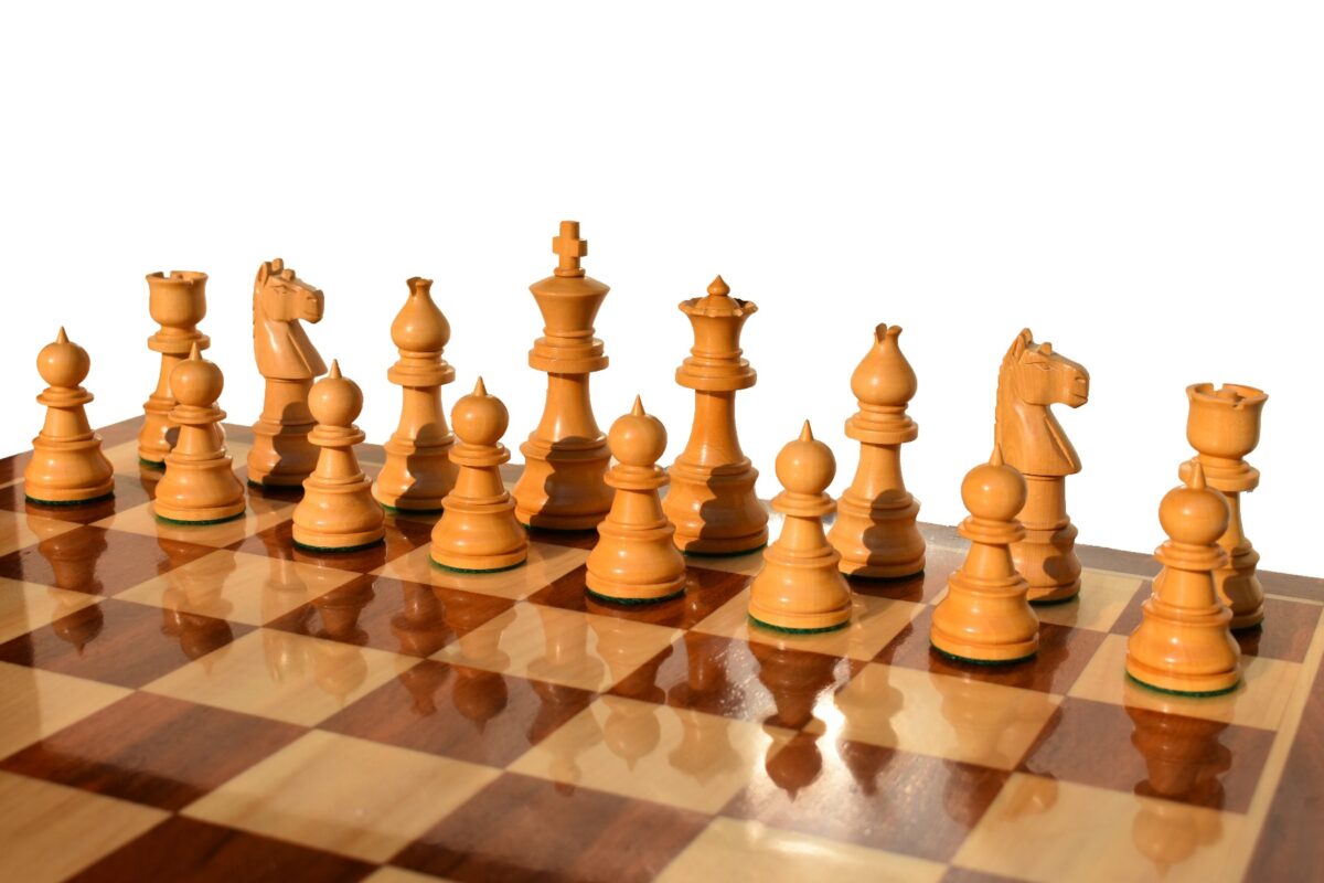 The Opus Series Chess Set Boxwood & Acacia Wood 3.75" King with 1.75" Square beveled Series Chess Board-4036