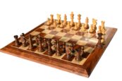 Lardy Staunton Chess set Boxwood & Dark Brown Glided 3.5" King with 1.75" Square Beveled Series Chess Board-0