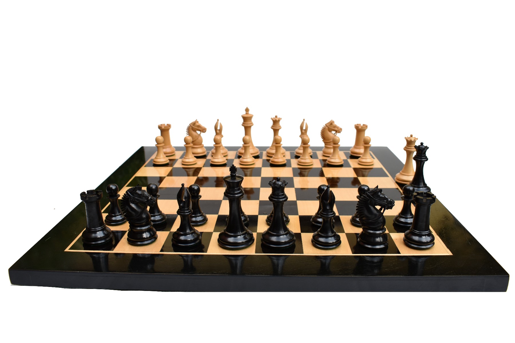 American Staunton Chess Set <br> Boxwood & Ebony <br> 4" KIng with 2.25" Square Tournament Series Chess Board-3871 American Staunton Chess Set Boxwood & Ebony 4" KIng with 2.25" Square Tournament Series Chess Board-3871