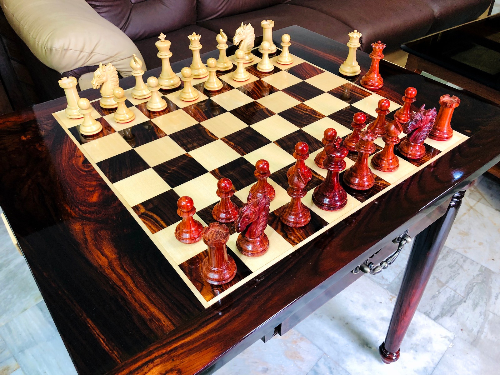 The Victoria Series Luxury Chess Table & Master Series Chess Pieces American Maple & Golden Grain Rosewood 2.5" Square-3829