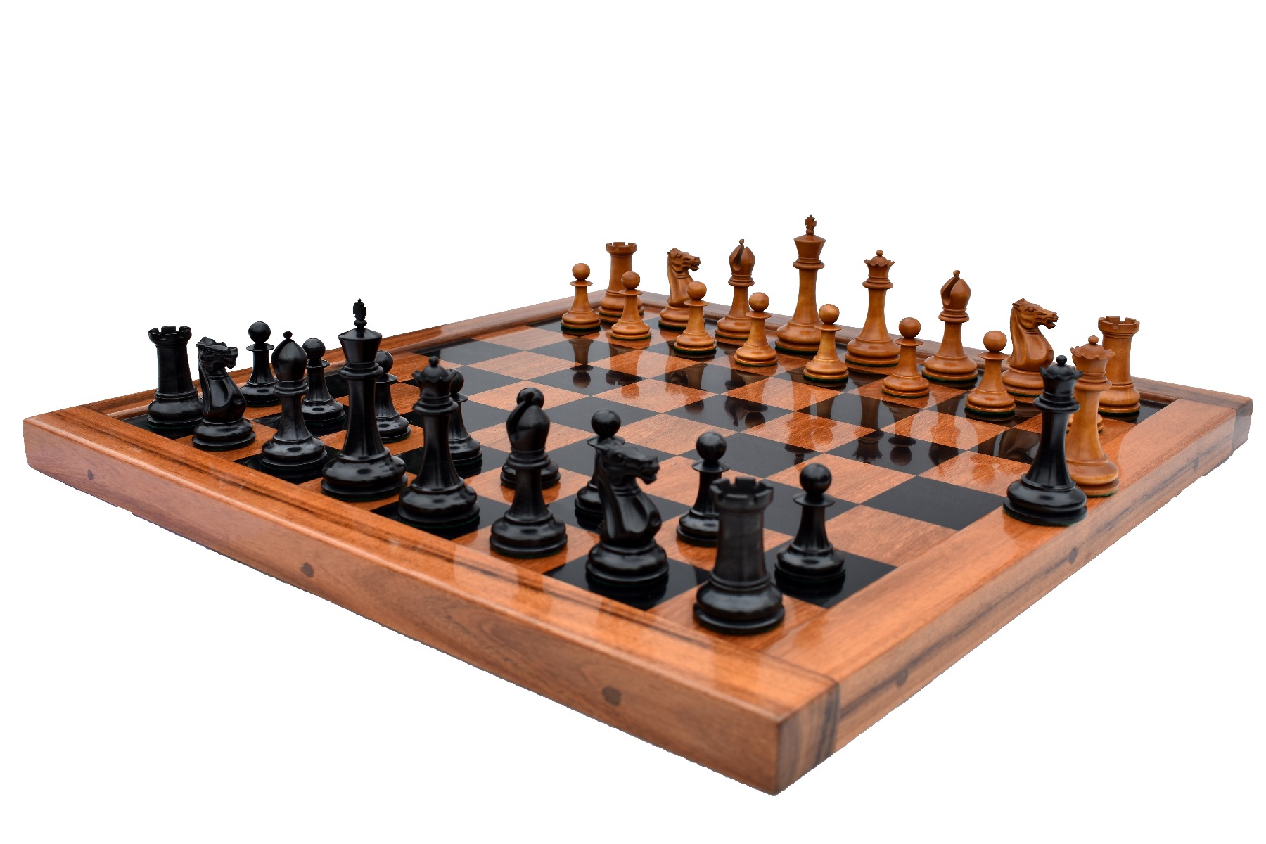 1853 Jaques Paulsen Series Reproduction Chess Set Antiqued Boxwood & Ebony 3.5" King with 2" Square Jaques Chess Board-3942