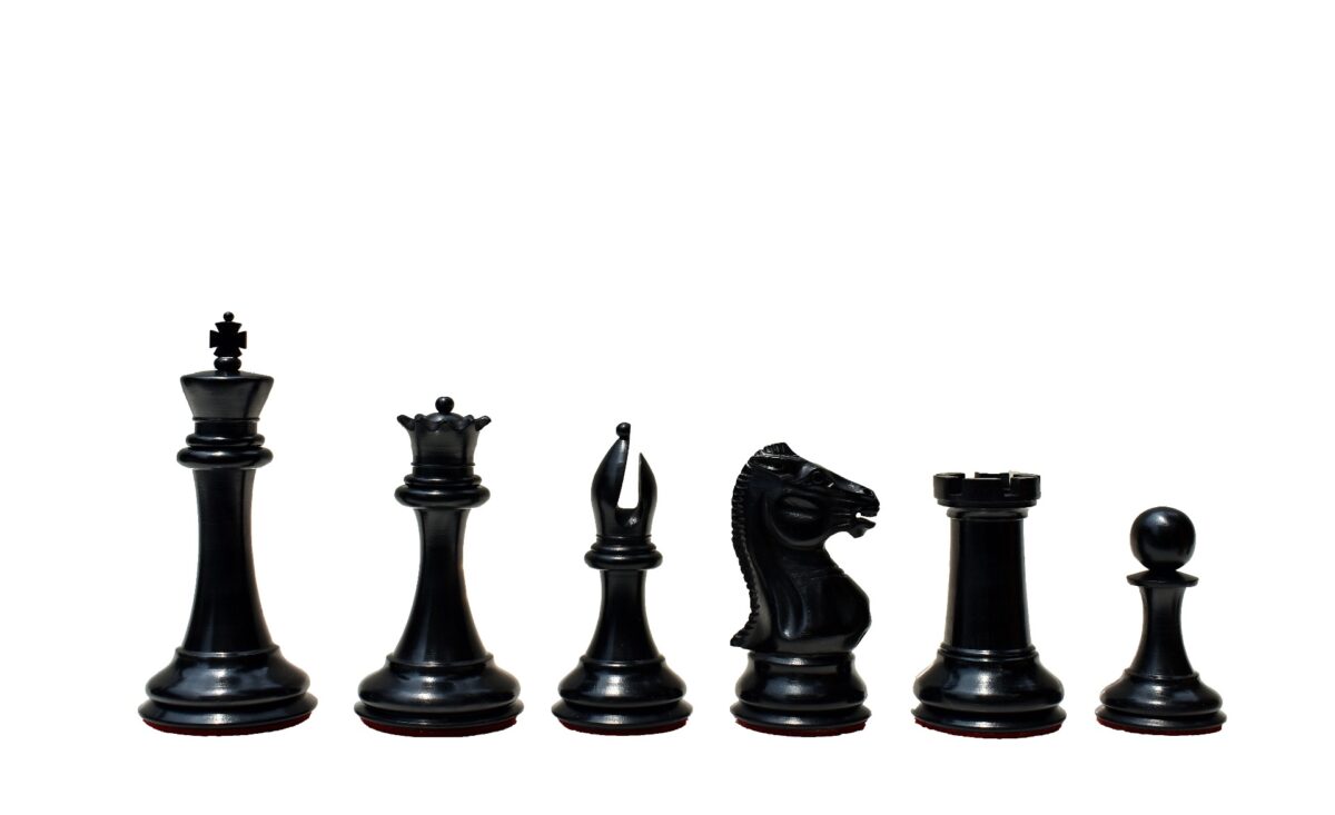Jaques Morphy Style Cook Knight 1849 series chess set Antiqued Boxwood & Ebony 4" King/ 2.25" Square Jaques Chess Board & Storage Case-3936