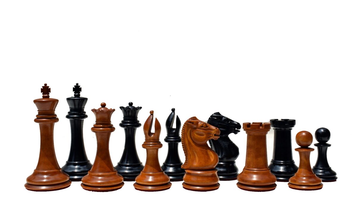 Jaques Morphy Style Cook Knight 1849 series chess set Antiqued Boxwood & Ebony 4" King/ 2.25" Square Jaques Chess Board & Storage Case-3933