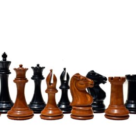 Jaques Morphy Style Cook Knight 1849 series chess set Antiqued Boxwood & Ebony 4" King/ 2.25" Square Jaques Chess Board & Storage Case-3933