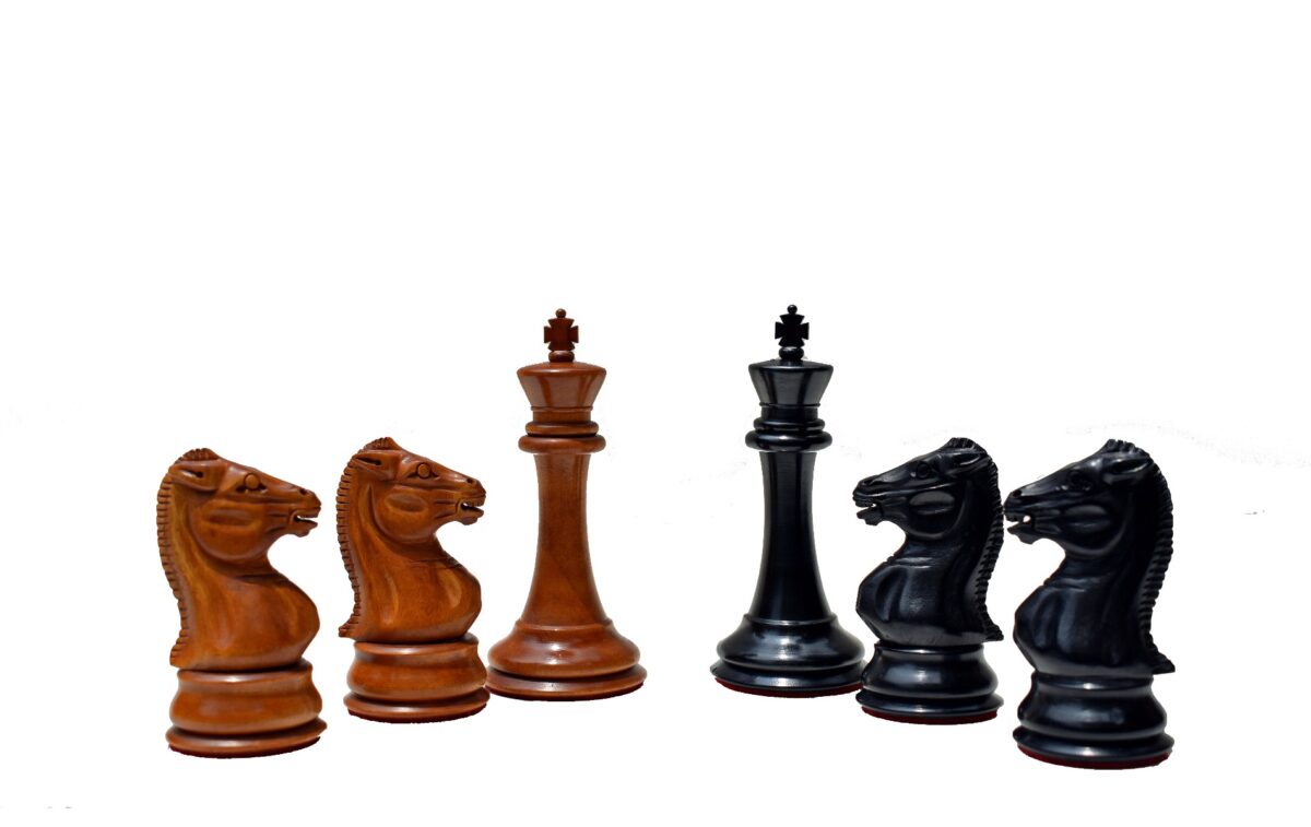 Jaques Morphy Style Cook Knight 1849 series chess set Antiqued Boxwood & Ebony 4" King/ 2.25" Square Jaques Chess Board & Storage Case-3937