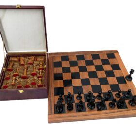 Jaques Morphy Style Cook Knight 1849 series chess set Antiqued Boxwood & Ebony 4" King/ 2.25" Square Jaques Chess Board & Storage Case-0