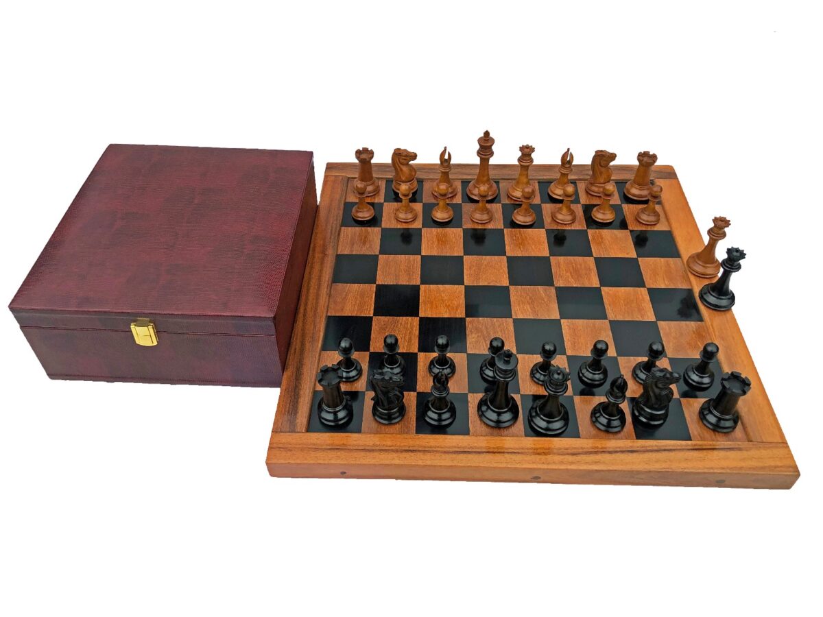 Jaques Morphy Style Cook Knight 1849 series chess set Antiqued Boxwood & Ebony 4" King/ 2.25" Square Jaques Chess Board & Storage Case-3929
