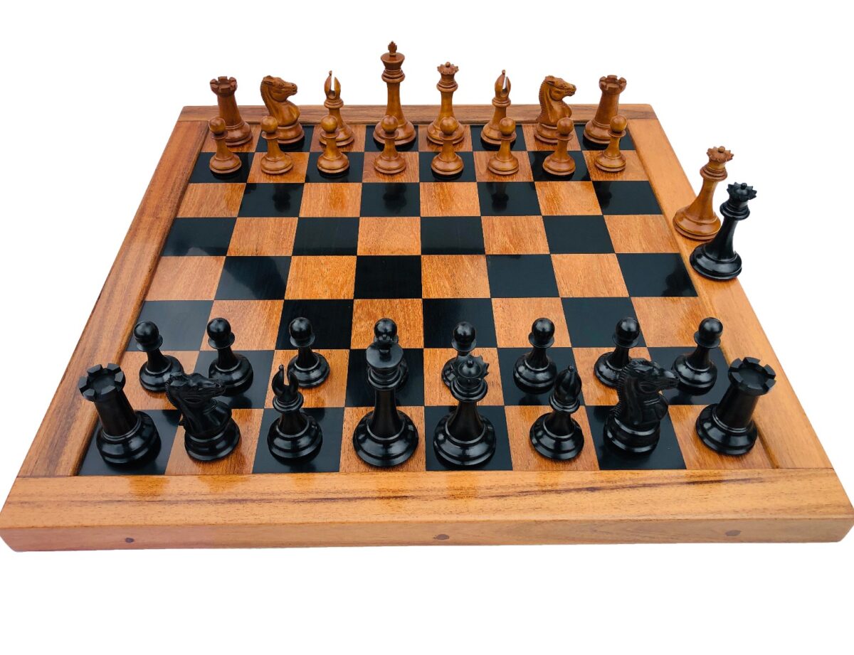Jaques Morphy Style Cook Knight 1849 series chess set Antiqued Boxwood & Ebony 4" King/ 2.25" Square Jaques Chess Board & Storage Case-3932