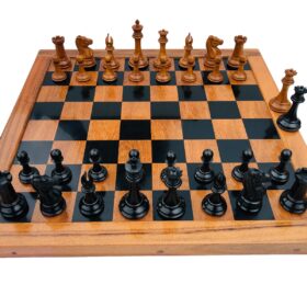 Jaques Morphy Style Cook Knight 1849 series chess set Antiqued Boxwood & Ebony 4" King/ 2.25" Square Jaques Chess Board & Storage Case-3932