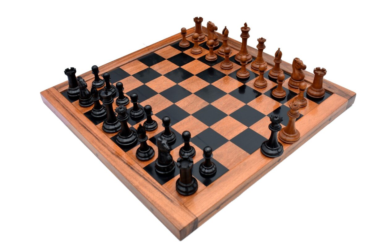 Jaques Morphy Style Cook Knight 1849 series chess set Antiqued Boxwood & Ebony 4" King/ 2.25" Square Jaques Chess Board & Storage Case-3930