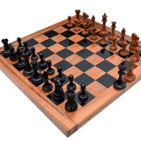 Jaques Morphy Style Cook Knight 1849 series chess set Antiqued Boxwood & Ebony 4" King/ 2.25" Square Jaques Chess Board & Storage Case-3930