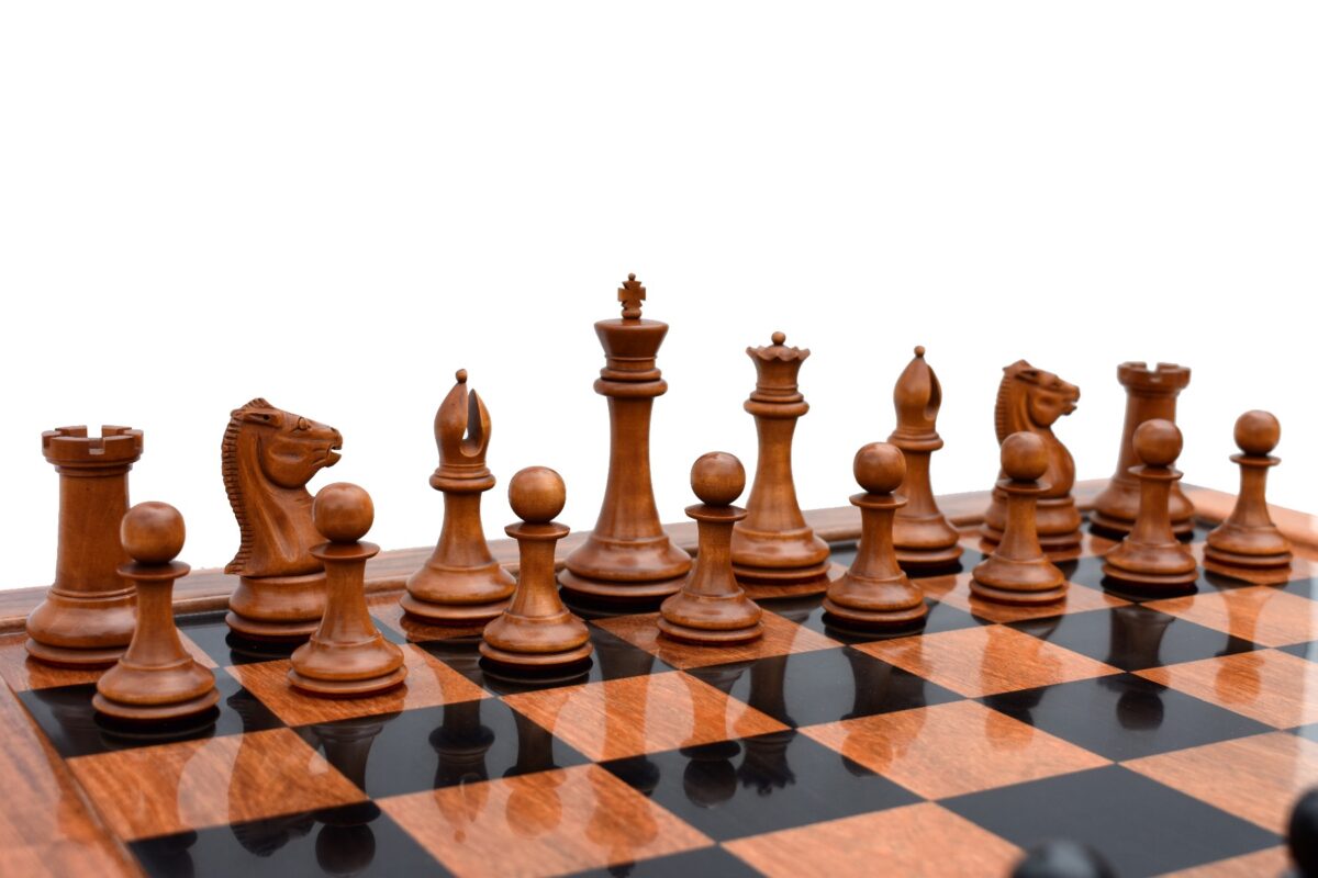 Jaques Morphy Style Cook Knight 1849 series chess set Antiqued Boxwood & Ebony 4" King/ 2.25" Square Jaques Chess Board & Storage Case-3938