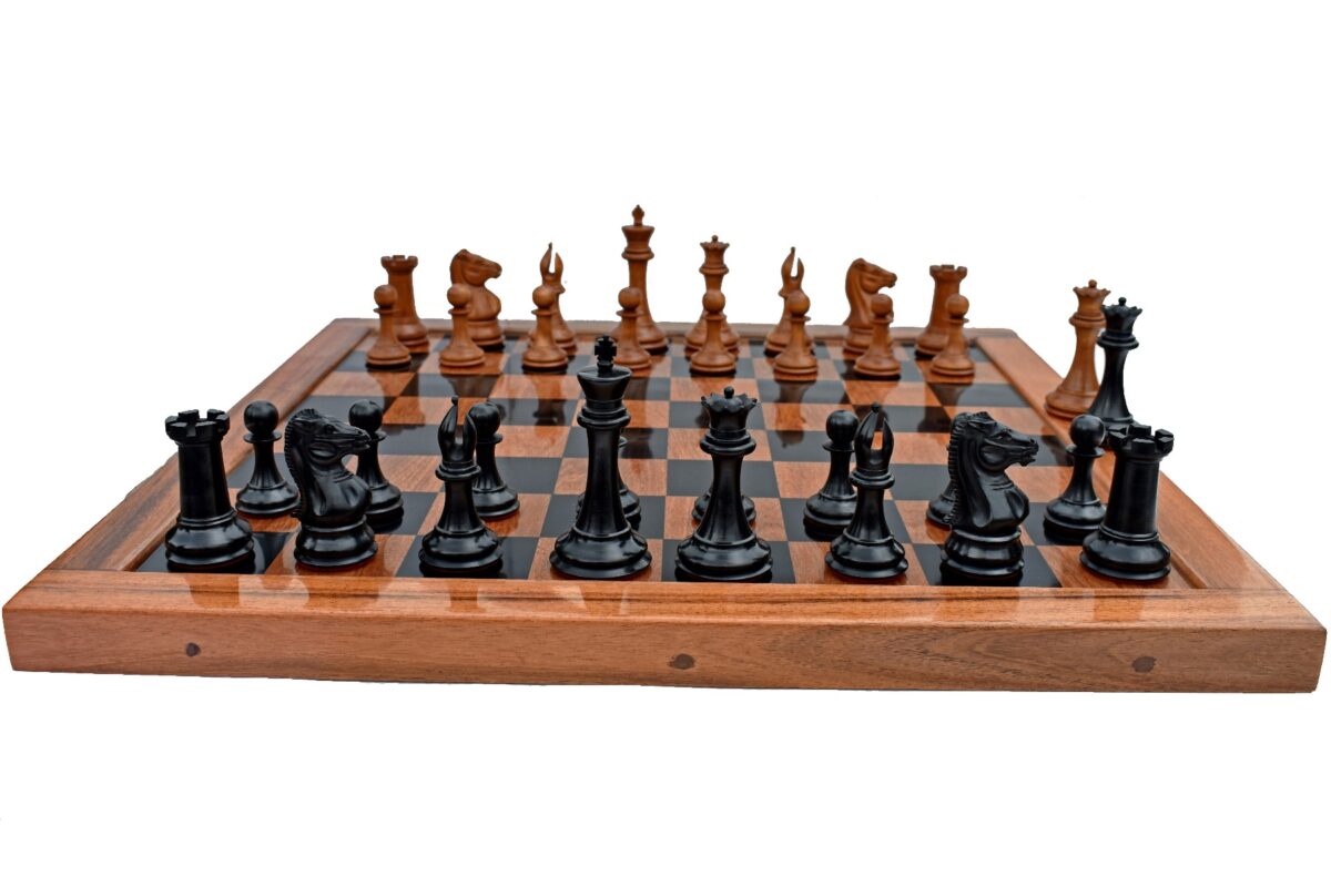 Jaques Morphy Style Cook Knight 1849 series chess set Antiqued Boxwood & Ebony 4" King/ 2.25" Square Jaques Chess Board & Storage Case-3931