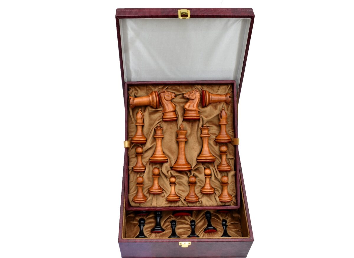 Jaques Morphy Style Cook Knight 1849 series chess set Antiqued Boxwood & Ebony 4" King/ 2.25" Square Jaques Chess Board & Storage Case-3939