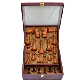 Jaques Morphy Style Cook Knight 1849 series chess set Antiqued Boxwood & Ebony 4" King/ 2.25" Square Jaques Chess Board & Storage Case-3939