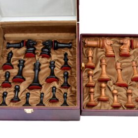 Jaques Morphy Style Cook Knight 1849 series chess set Antiqued Boxwood & Ebony 4" King/ 2.25" Square Jaques Chess Board & Storage Case-3940
