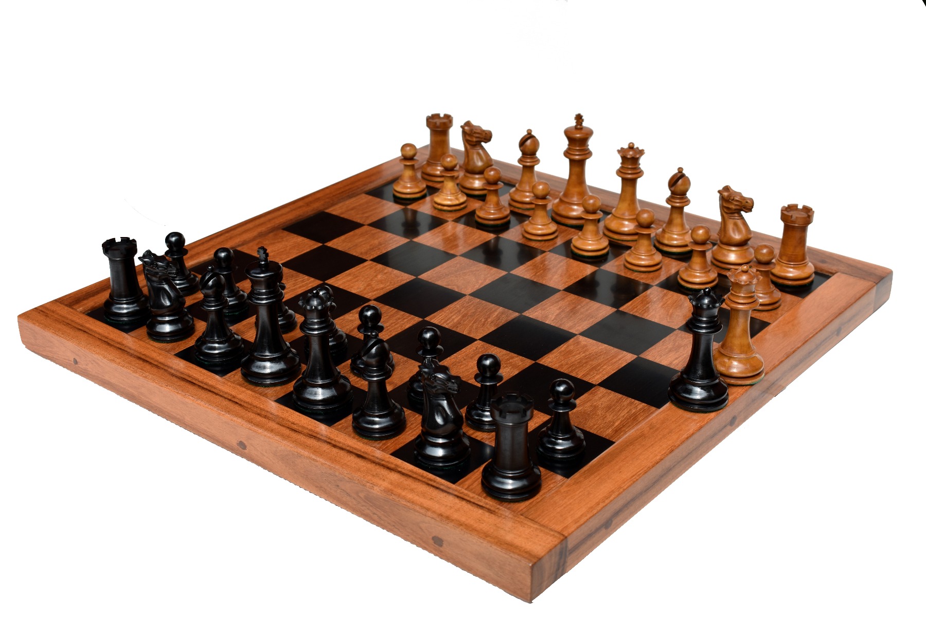 1875-1880 Jaques Zukertort Chess Set Antiqued Boxwood & Ebony 4" King with 2.25" Square Jaques Chess Board-0