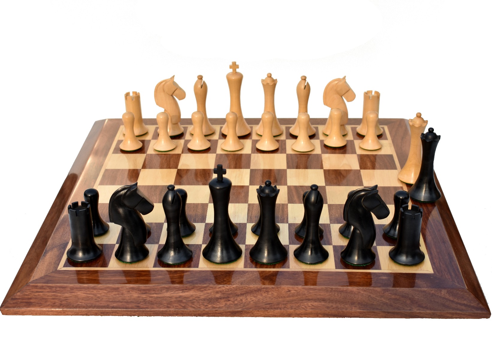 Ulbrich Series Chess Set <br> Boxwood & Ebonized <br> 3.75" King with 2" Square Beveled Series Chess Board-4078 Ulbrich Series Chess Set Boxwood & Ebonized 3.75" King with 2" Square Beveled Series Chess Board-4078