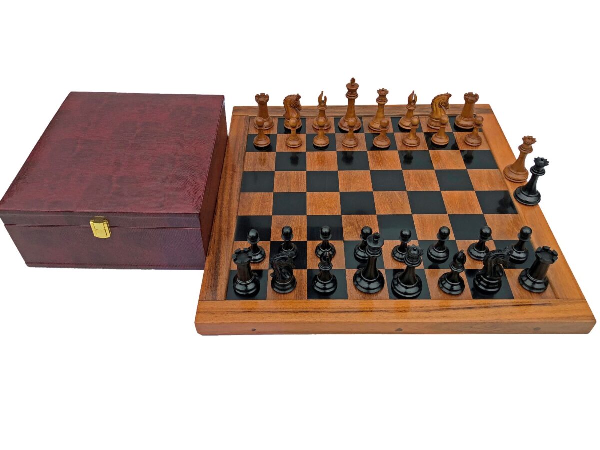Timeless Imperial Series Chess Set Repro Antiqued Boxwood & Ebony 4" King/ 2.25" Square Jaques Chess Board with Storage Case-3914