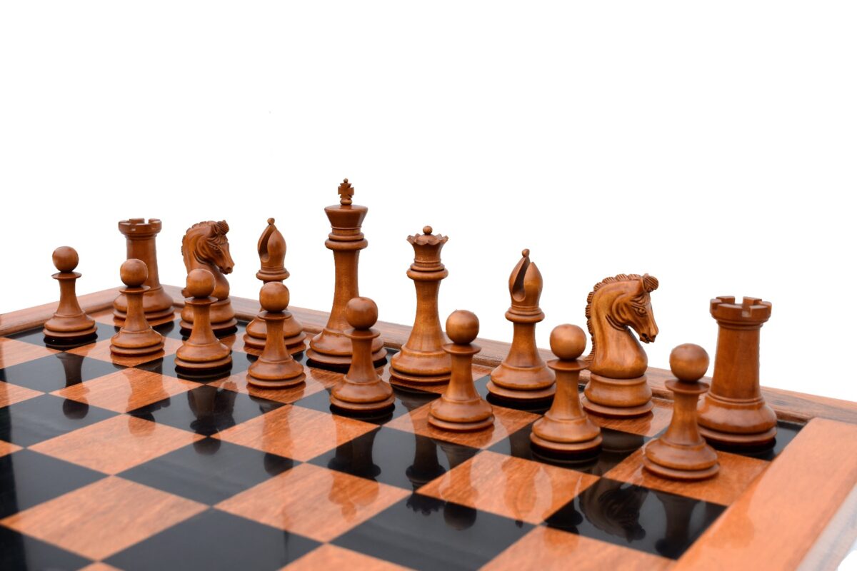 Timeless Imperial Series Chess Set Repro Antiqued Boxwood & Ebony 4" King/ 2.25" Square Jaques Chess Board with Storage Case-3925