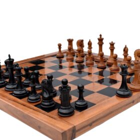 Timeless Imperial Series Chess Set Repro Antiqued Boxwood & Ebony 4" King/ 2.25" Square Jaques Chess Board with Storage Case-3915