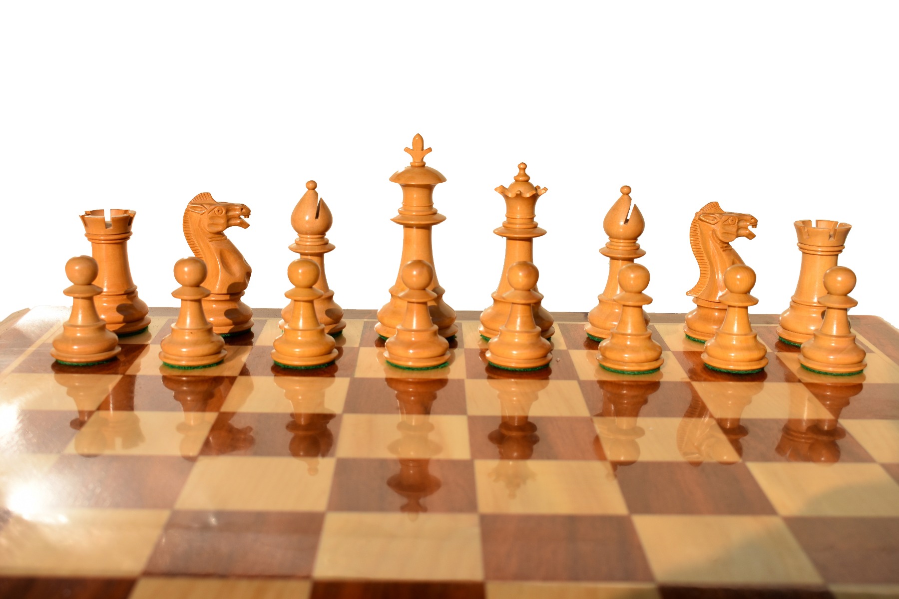 The Royal Staunton Chess Set <br> Boxwood & Acacia <br> 4" King with 2" Square Beveled Series Chess Board-4102 The Royal Staunton Chess Set Boxwood & Acacia 4" King with 2" Square Beveled Series Chess Board-4102