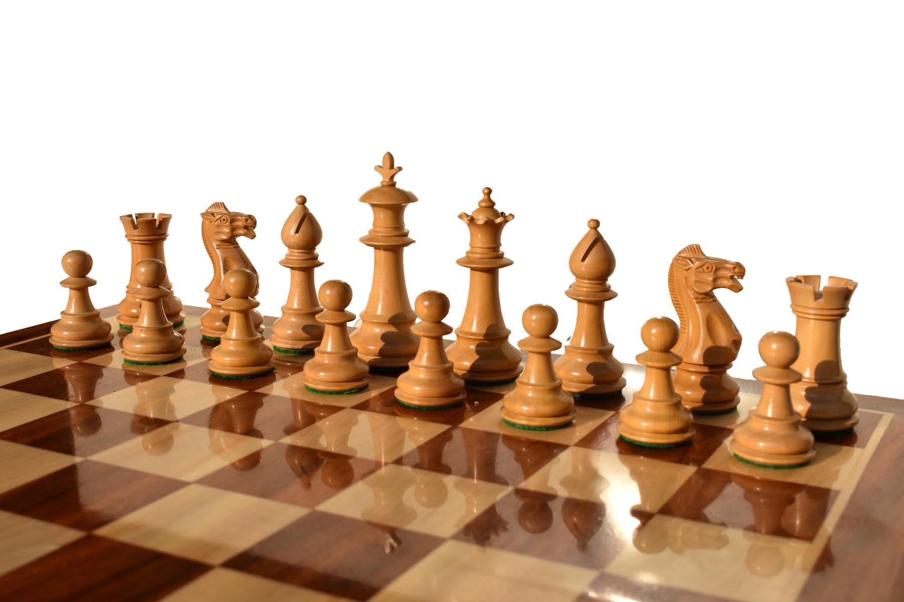 The Royal Staunton Chess Set <br> Boxwood & Acacia <br> 4" King with 2" Square Beveled Series Chess Board-4103 The Royal Staunton Chess Set Boxwood & Acacia 4" King with 2" Square Beveled Series Chess Board-4103