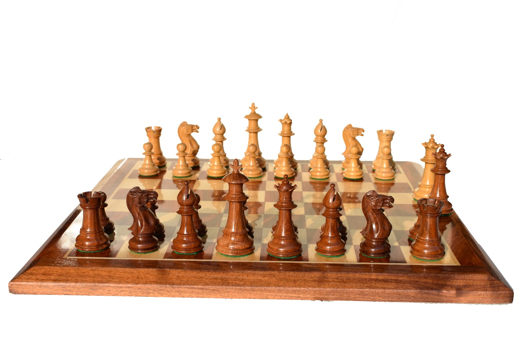The Royal Staunton Chess Set <br> Boxwood & Acacia <br> 4" King with 2" Square Beveled Series Chess Board-4100 The Royal Staunton Chess Set Boxwood & Acacia 4" King with 2" Square Beveled Series Chess Board-4100