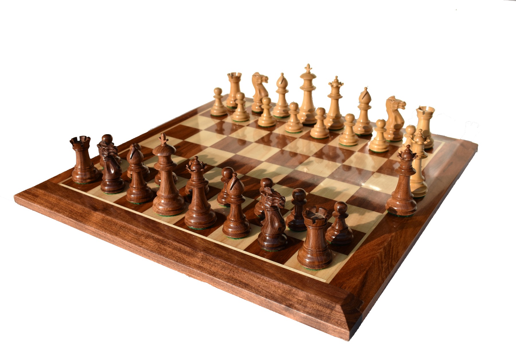 The Royal Staunton Chess Set <br> Boxwood & Acacia <br> 4" King with 2" Square Beveled Series Chess Board-0 The Royal Staunton Chess Set Boxwood & Acacia 4" King with 2" Square Beveled Series Chess Board-0