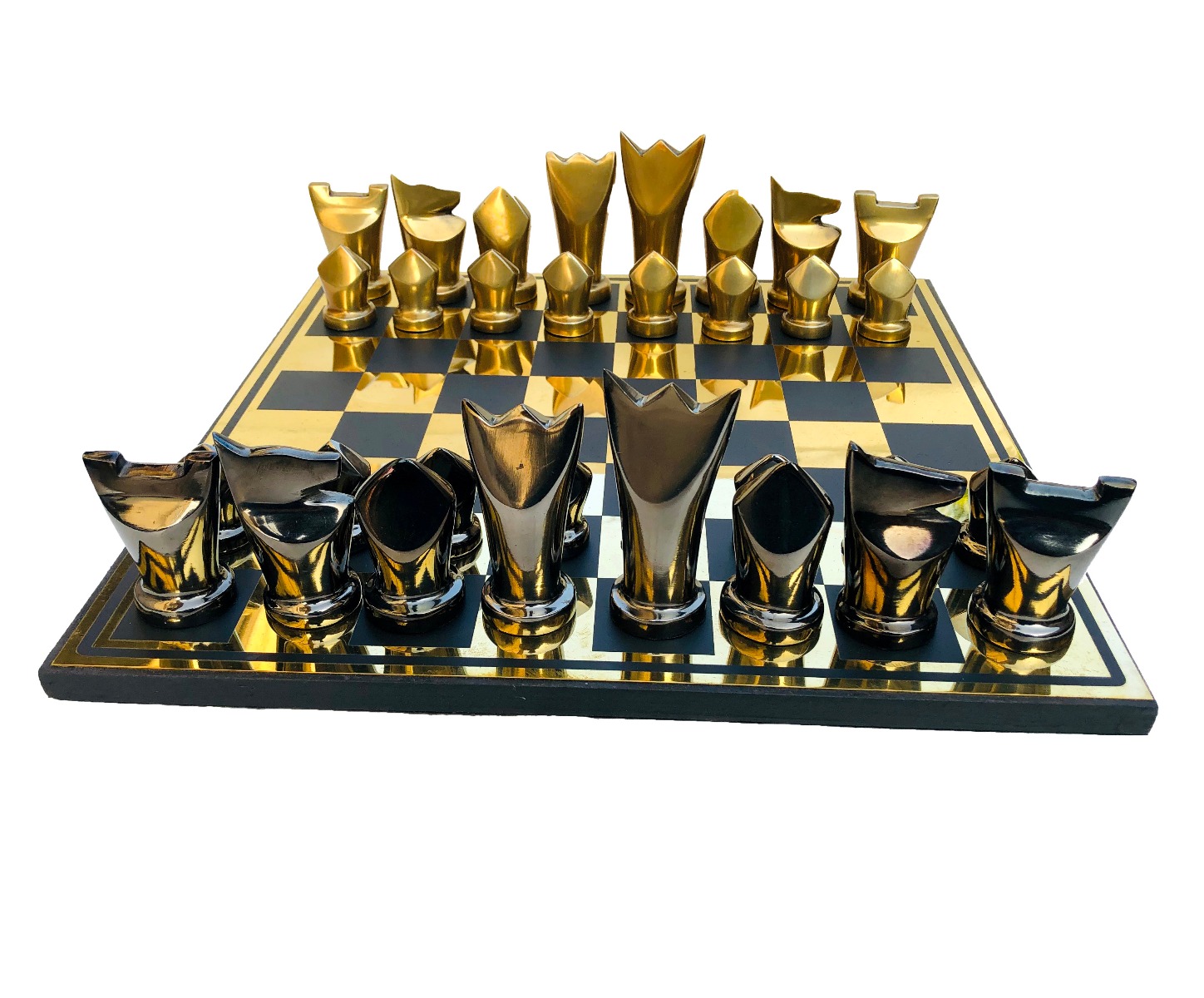 Egyptian Art Series Chess Set Black & Gold Color Coated Aluminum 3.25" King with 14" Aluminum Chess Board-4208