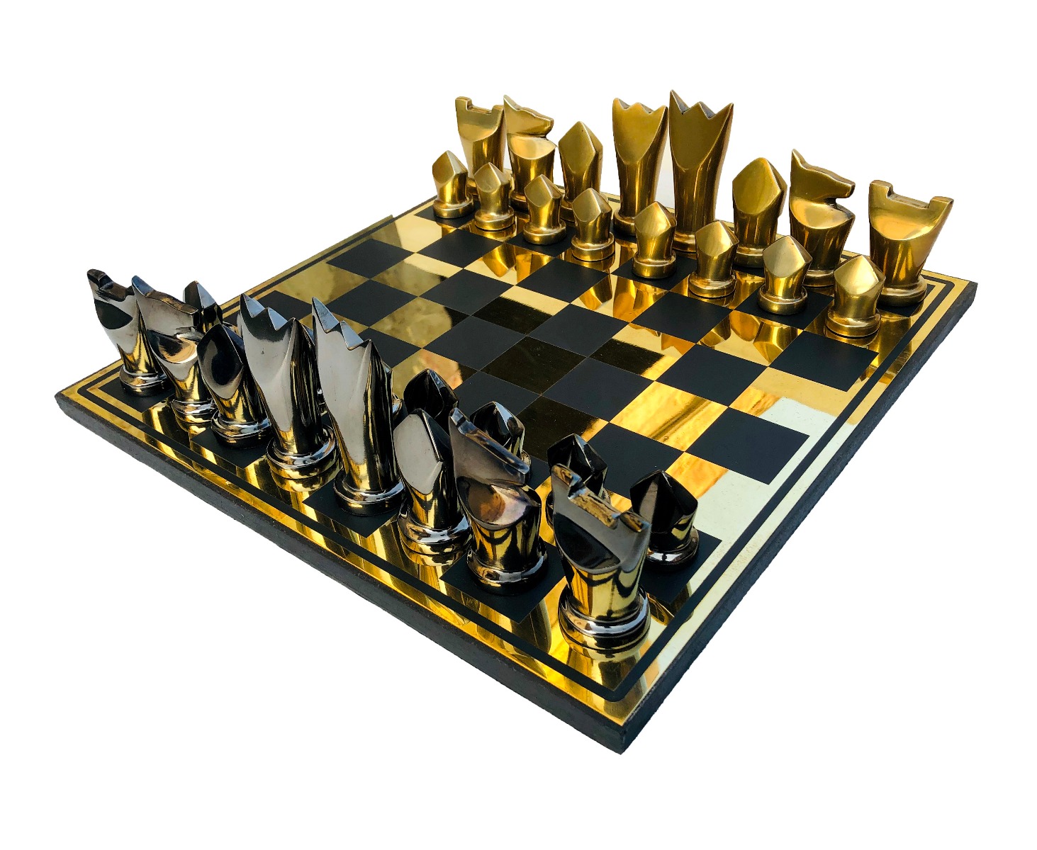 Egyptian Art Series Chess Set Black & Gold Color Coated Aluminum 3.25" King with 14" Aluminum Chess Board-0