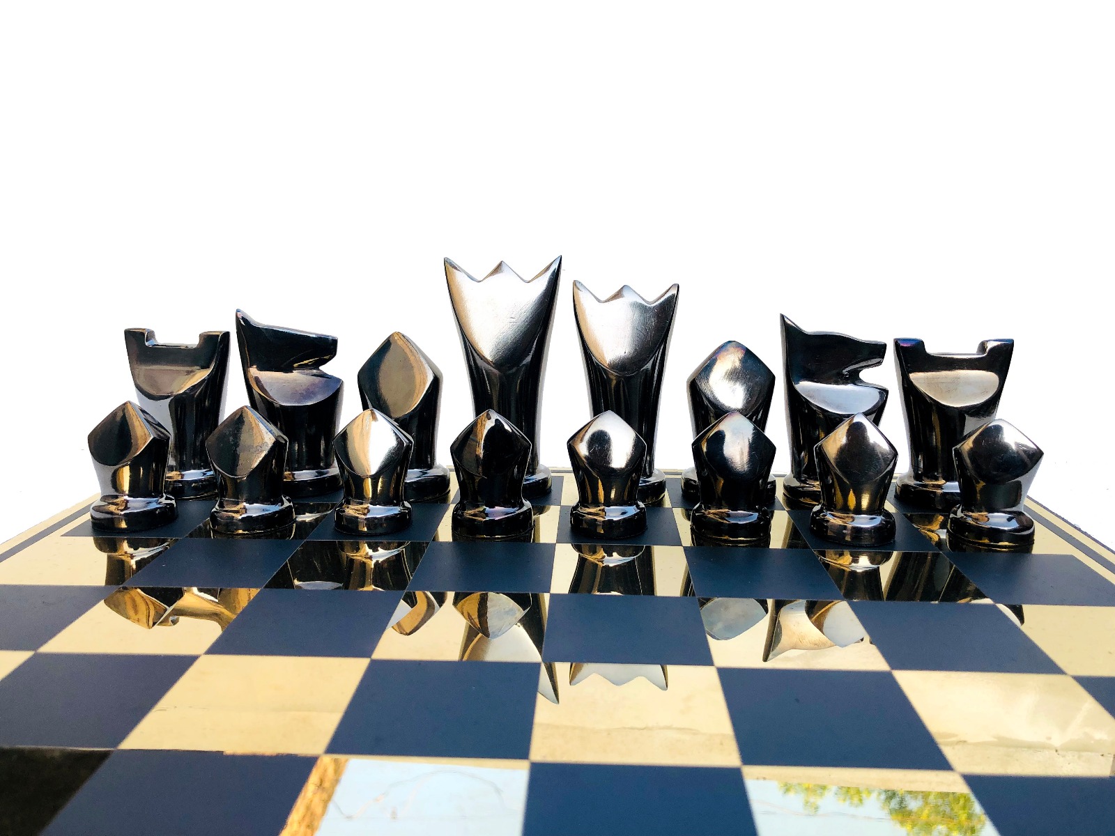 Egyptian Art Series Chess Set Black & Gold Color Coated Aluminum 3.25" King with 14" Aluminum Chess Board-4212
