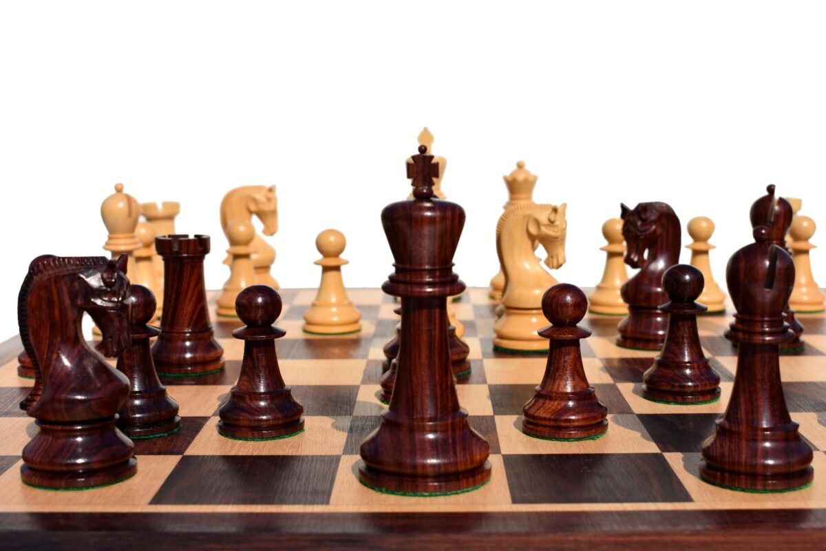 The Leningrad Series Chess Set Boxwood & Ebonized 4" king with 2" Square Chess Board-4594