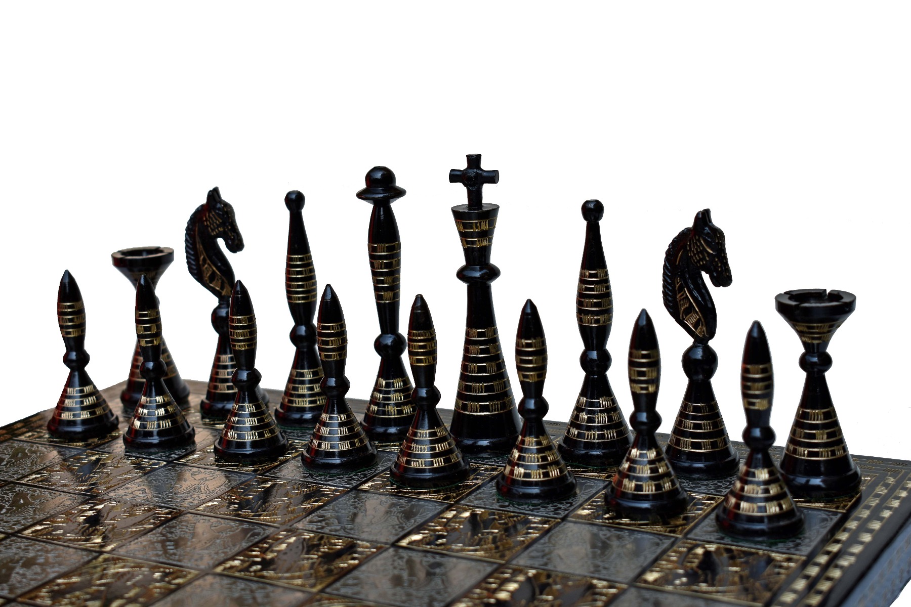 The Palm Art Series Chess set Silver & Black Coated Brass 3.5" King with 12" Brass Chess Board-6210