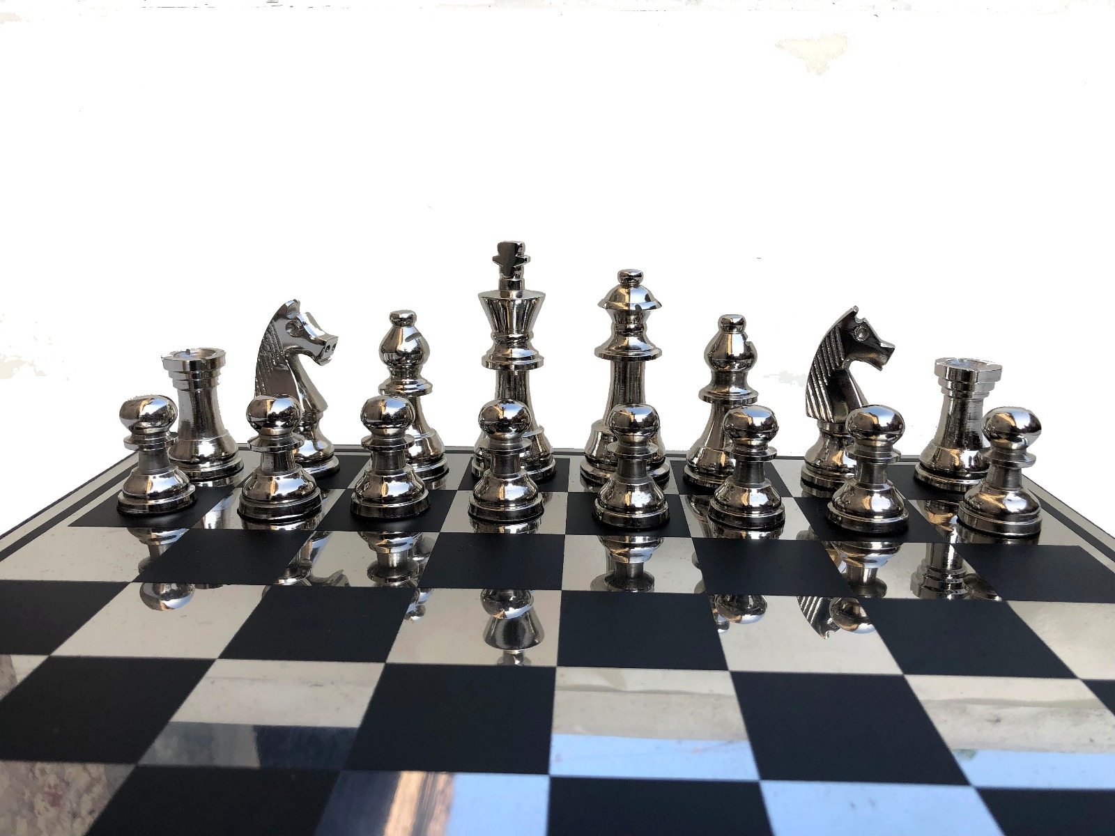 The New Staunton Series Chess Set Silver & Black Coated Aluminum 3.25" King with 14" Aluminum Chess Board-4179