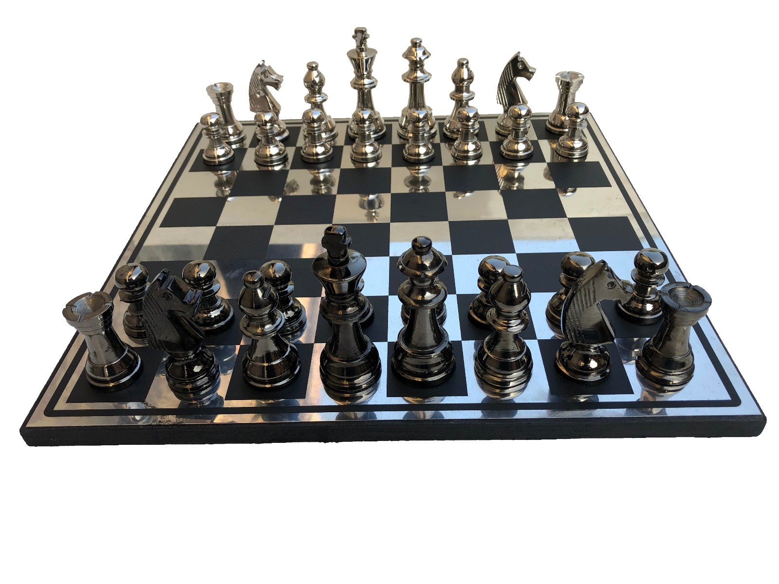 The New Staunton Series Chess Set Silver & Black Coated Aluminum 3.25" King with 14" Aluminum Chess Board-4181